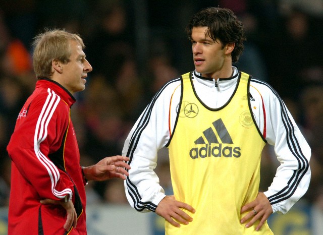 10 November 2005 of Michael Ballack (R) talking to former national coach Juergen Klinsmann in Cologne, Germany