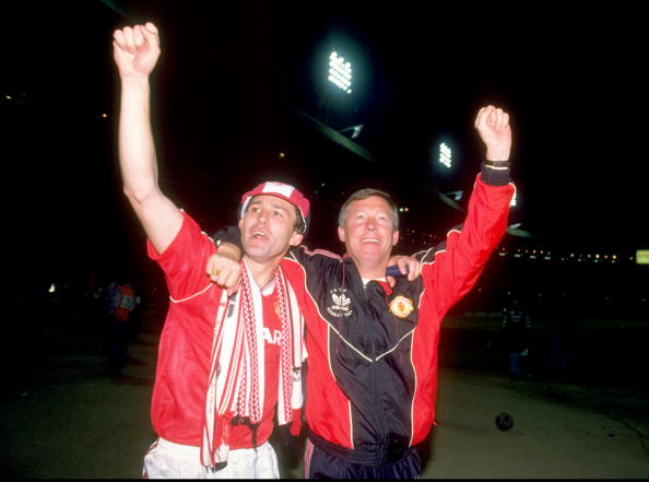 Bryan Robson of Manchester United and Manager Alex Ferguson celebrate after their victory in the FA Cup Final against Crystal Palace 1990