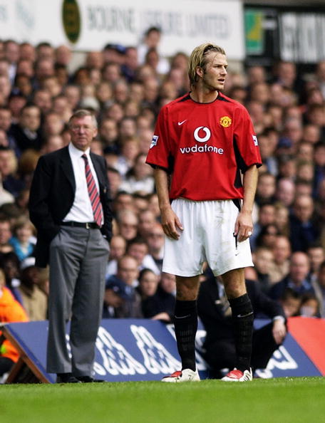 David Beckham of Manchester United and his manager Sir Alex Ferguson 2003