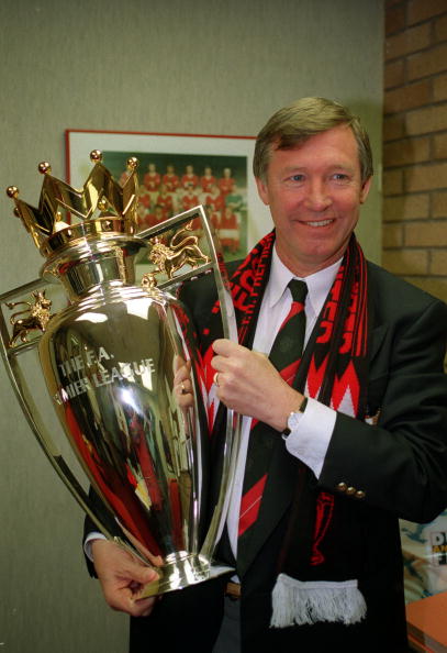 May 1993. Manchester United Manager Alex Ferguson celebrating with the Premiership trophy, United's first Championship success since 1967.