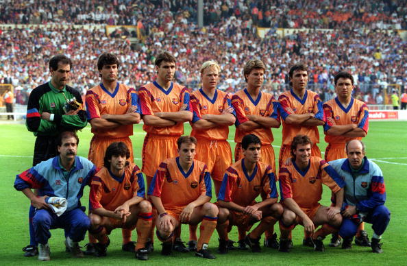 Back Row L-R: Zubizarreta, Nando, Salinas, Koeman, Michael Laudrup, Stoitchkov, Eusebio, Front Row L-R: unknown, Bakero, Ferrer, Guardiola, Juan Carlos, unknown