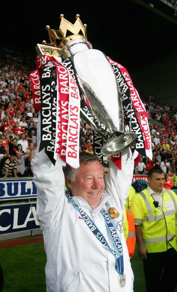 Manchester United Manager Sir Alex Ferguson holds the Barclays Premier League trophy 2008