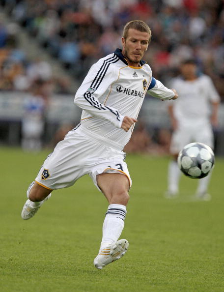 LA Galaxy's David Beckham plays an exhibition match against the Oceania All Stars in Auckland on December 6, 2008.