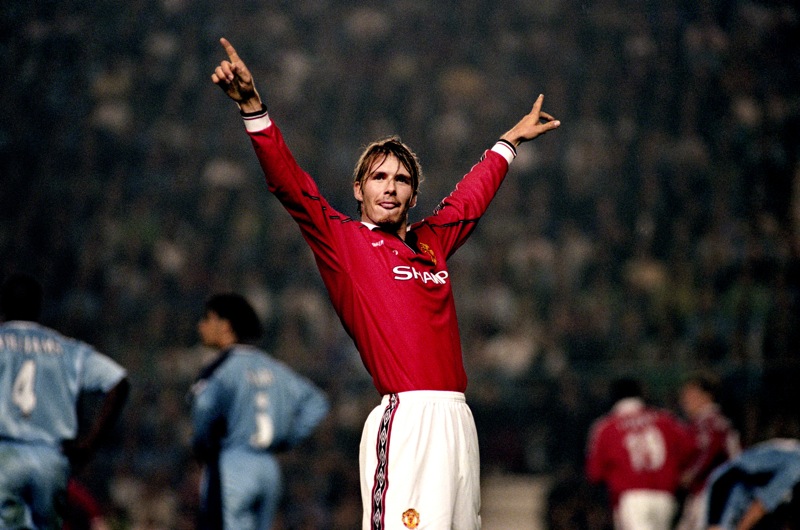 Celebrates United's first goal against Coventry City, August 1999