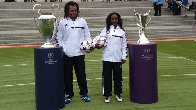 Christian Karembeu and Eniola Aluko show off the silverware in Trafalgar Square