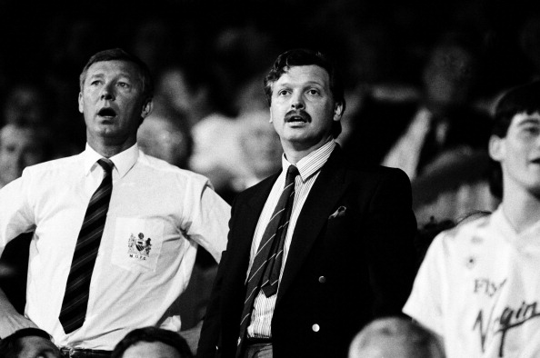 Manchester United manager Alex Ferguson (left) with chairman Michael Knighton during the Division One football match between Crystal Palace & Manchester United at Selhurst Park, London 22 August 1989