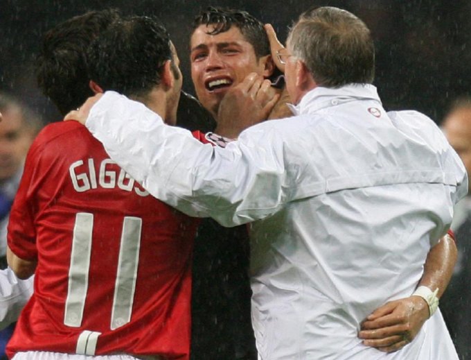 Ferguson celebrates with a deliriously inconsolable Cristiano Ronaldo after United’s shootout victory over Chelsea in the Champions League final in Moscow, May 2008