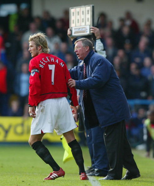 Sir Alex Ferguson gives instructions to David Beckham during the FA Barclaycard Premiership match between Fulham and Manchester United at Loftus Road in London on October 19, 2002