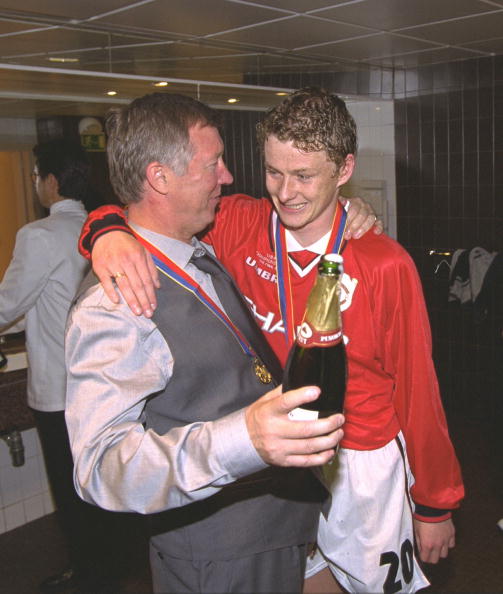 Sir Alex Ferguson congratulates Ole Gunnar Solskjaer the scorer of the winning goalafter the UEFA Champions League Final between Bayern Munich v Manchester United 1999