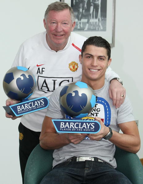Sir Alex Ferguson and Cristiano Ronaldo of Manchester United pose with their Barclays Premier League Manager of the Month and Player of the Month awards for March 2008
