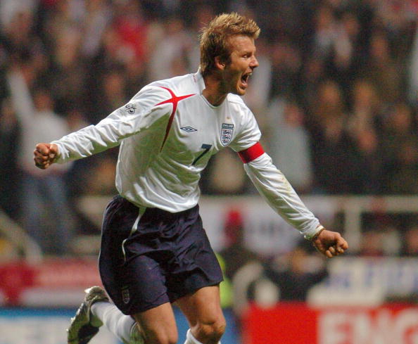 England's David Beckham celebrates after scoring to make it 2-0 against Azerbaijan during tonight's FIFA World Cup 2006 Qualifier at St James' Park, Newcastle, 30 March 2005