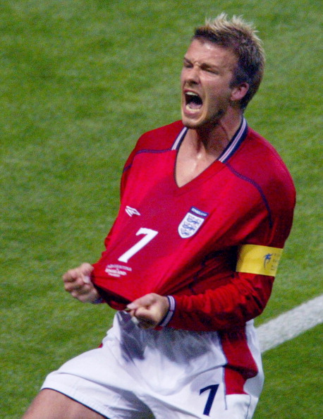 English midfielder David Beckham jubilates after he scored a goal during the Group F first round match Argentina-England of the 2002 FIFA World Cup, 07 June 2002 at Sapporo Dome Stadium