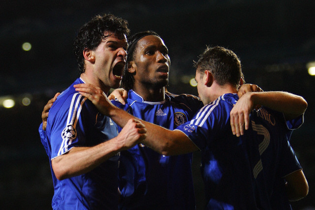 Celebration goal Michael Ballack with Didier Drogba and Andriy Shevchenko (Chelsea, L-R) during the champions league soccer match between Chelsea FC and FC Porto in London, England 2007