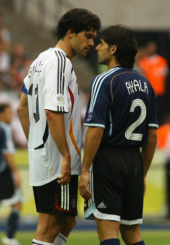Germany's Michael Ballack and Argentina's Roberto Ayala during the quarter final of the 2006 FIFA World Cup between Germany and Argentina in the Olympic Stadium in Berlin, Germany.