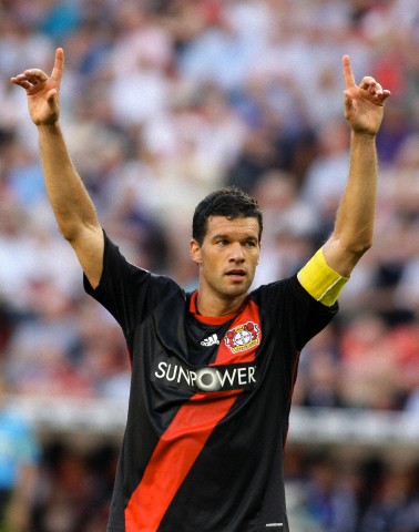 Leverkusen's Michael Ballack celebrates the victory during the German First Division match between Bayer 04 Leverkusen and VFL Wolfsburg, Bayarena in Leverkusen on October 01., 2011.