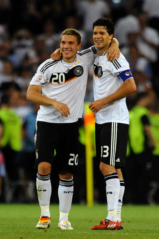 Lukas Podolski & Michael Ballack celebrating after UEFA EURO 2008 Semifinals match Germany & Turkey at the St Jakob Park stadium,Basel,Switzerland. Germany won 3-2 & advanced to the final.