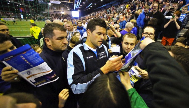 Michael Ballack signes autographs after the indoor football tournament 'Eins-Oldie-Masters' in Chemnitz, Germany, 26 January 2013. Ballack played for Chemnitz from 1994 to 1997.