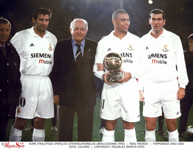 FIGO, of Portugal, and Zinedine ZIDANE, besides Raymond KOPA, French former footballer, and Alfredo DI STEFANO, Honorary President of the club. Season 2002-03