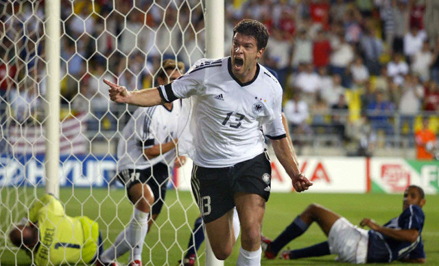 Michael Ballack celebrates his goal. The USA lost to Germany 1-0 in the Quarterfinals of the FIFA World Cup 2002 in South Korea on June 21, 2002.