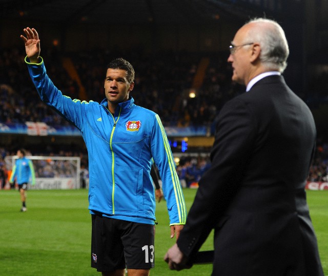 Michael Ballack of Bayer Leverkusen waves to the crowd before receiving an award from Chelsea chairman Bruce Buck prior to kick-off  2011