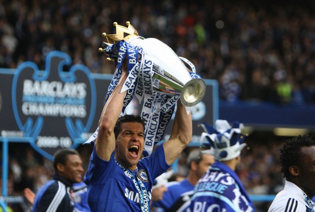 Michael Ballack of Chelsea celebrates winning the Premier League with the trophy  2010