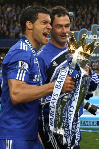 Michael Ballack of Chelsea celebrates with the Premier League Trophy 2010