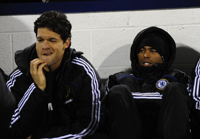 Michael Ballack of Chelsea sits on the bench as a substitute alongside Ashley Cole 2008