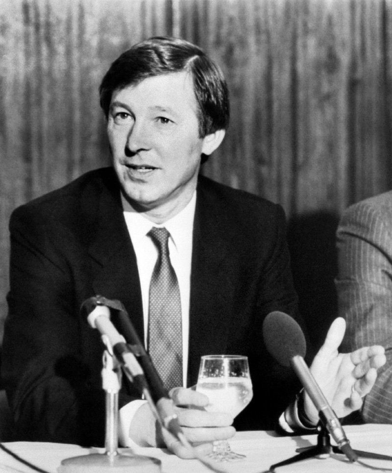 November 1986 At a press conference at Old Trafford, with Manchester United chairman Martin Edwards