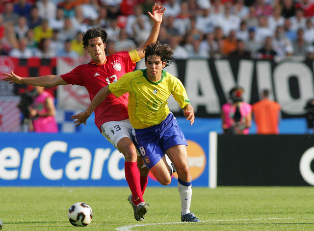 Semi-Finals of the 2005 FIFA Confederations Cup. Germany vs Brazil. Brazil won 3-2. Michael Ballack (Germany) and Kaka (Brazil).