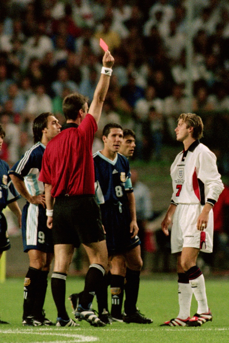 Shown the red card by referee Kim Milton Neilsen against Argentina at France '98