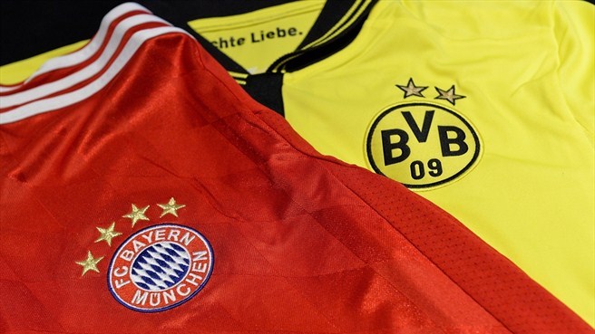 The Borussia Dortmund and FC Bayern München team jerseys ahead of the UEFA Champions League final