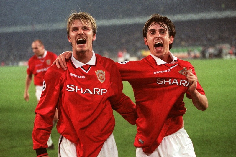 With best bud Gary Neville after a famous win in Juventus, in the 1999 Champions League