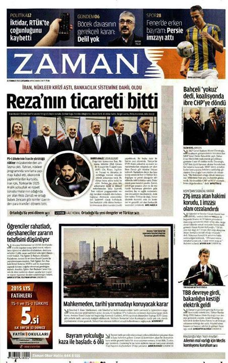 تجارت «رضا» تمام شد – تیتر روزنامه «زمان» ترکیه راجع به توافق ایران و ۱+۵ – اشاره دارد به «رضا ضراب» از کاسبان تحریم و شریک مالی دولت احمدی‌نژاد