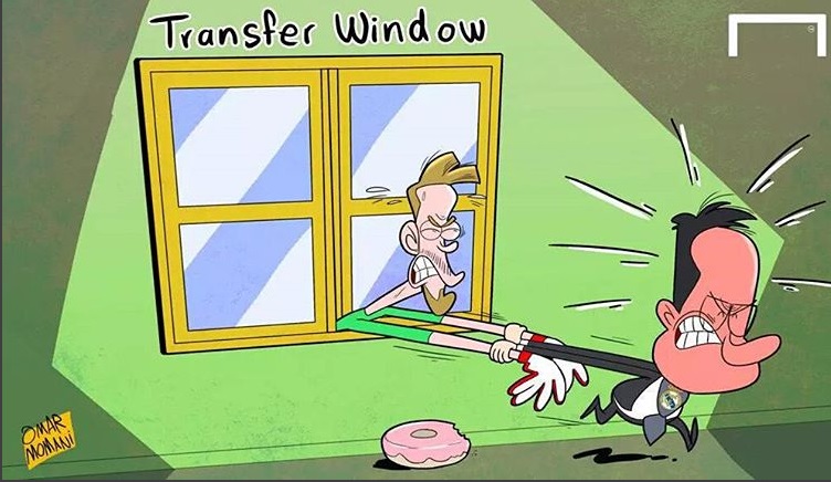 تلاش پرز برای انتقال ده خیا به رئال مادرید در واپسین دقایق نقل و انتقالات (کاریکاتور)