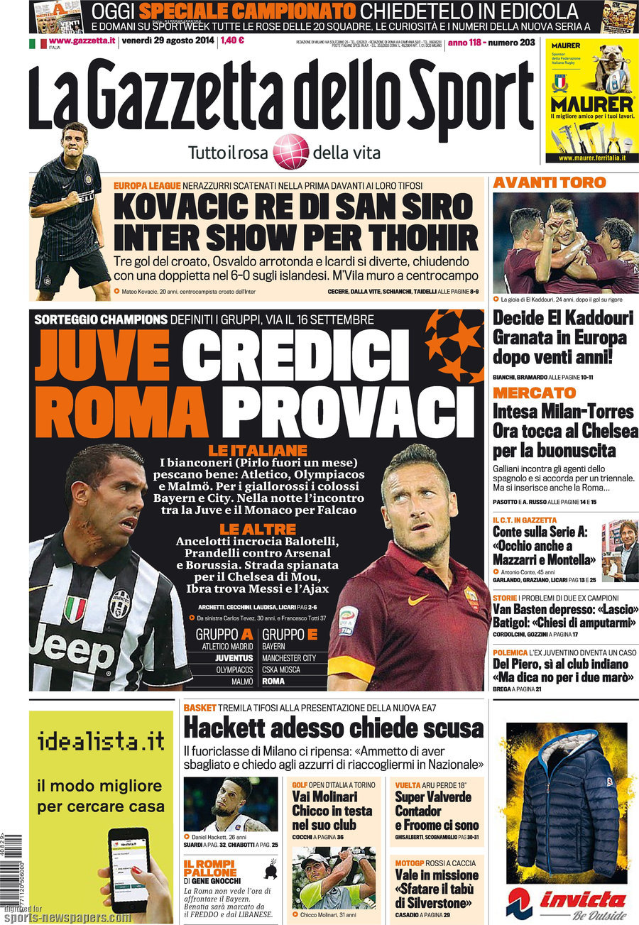عناوین مهم روزنامه های کشور ایتالیا؛ 29 آگوست 2014