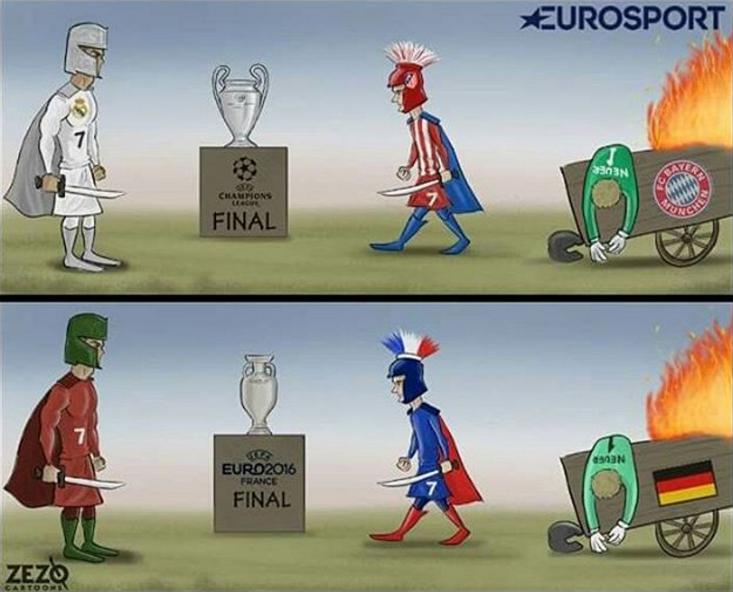 برخورد مجدد گریزمان با رونالدو این بار در  فینال یورو 2016 (کاریکاتور)