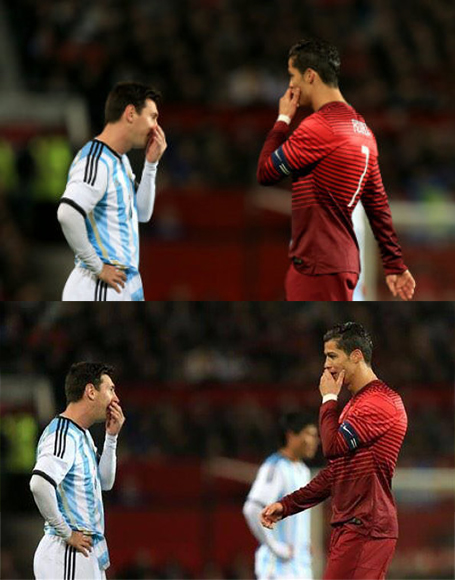 عکس روز: گفتگوی پنهانی رونالدو و مسی در جریان بازی دوستانه امشب