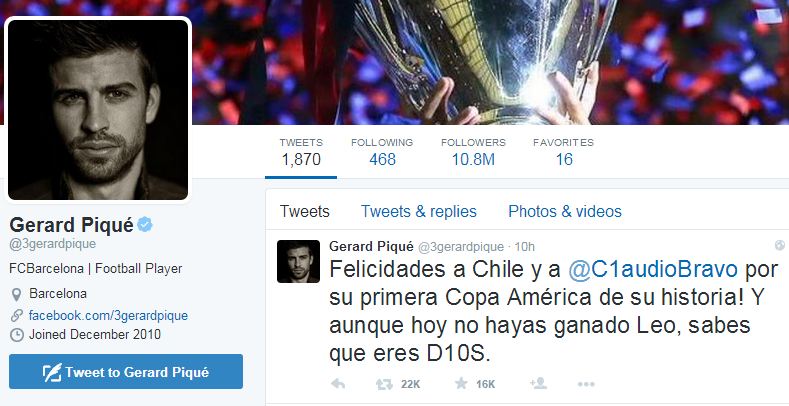 پیکه: به شیلی برای اولین قهرمانی شان در کوپا آمریکا تبریک می گویم