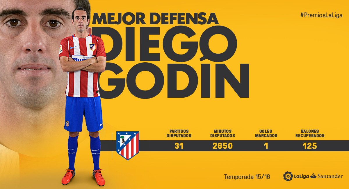 رسمی: دیه‌گو گودین، بهترین مدافع فصل 2015 - 2016 لالیگا