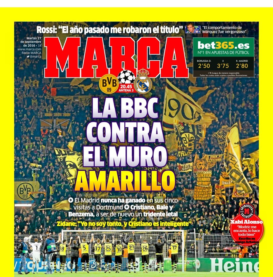 تیتر مارکا در آستانه دیدار دورتموند - رئال مادرید؛ بی بی سی در برابر دیوار زرد