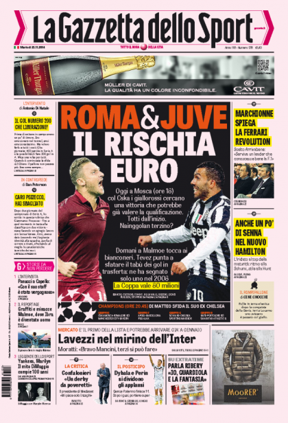 عناوین مهم روزنامه های ورزشی کشور ایتالیا؛ 25 نوامبر 2014