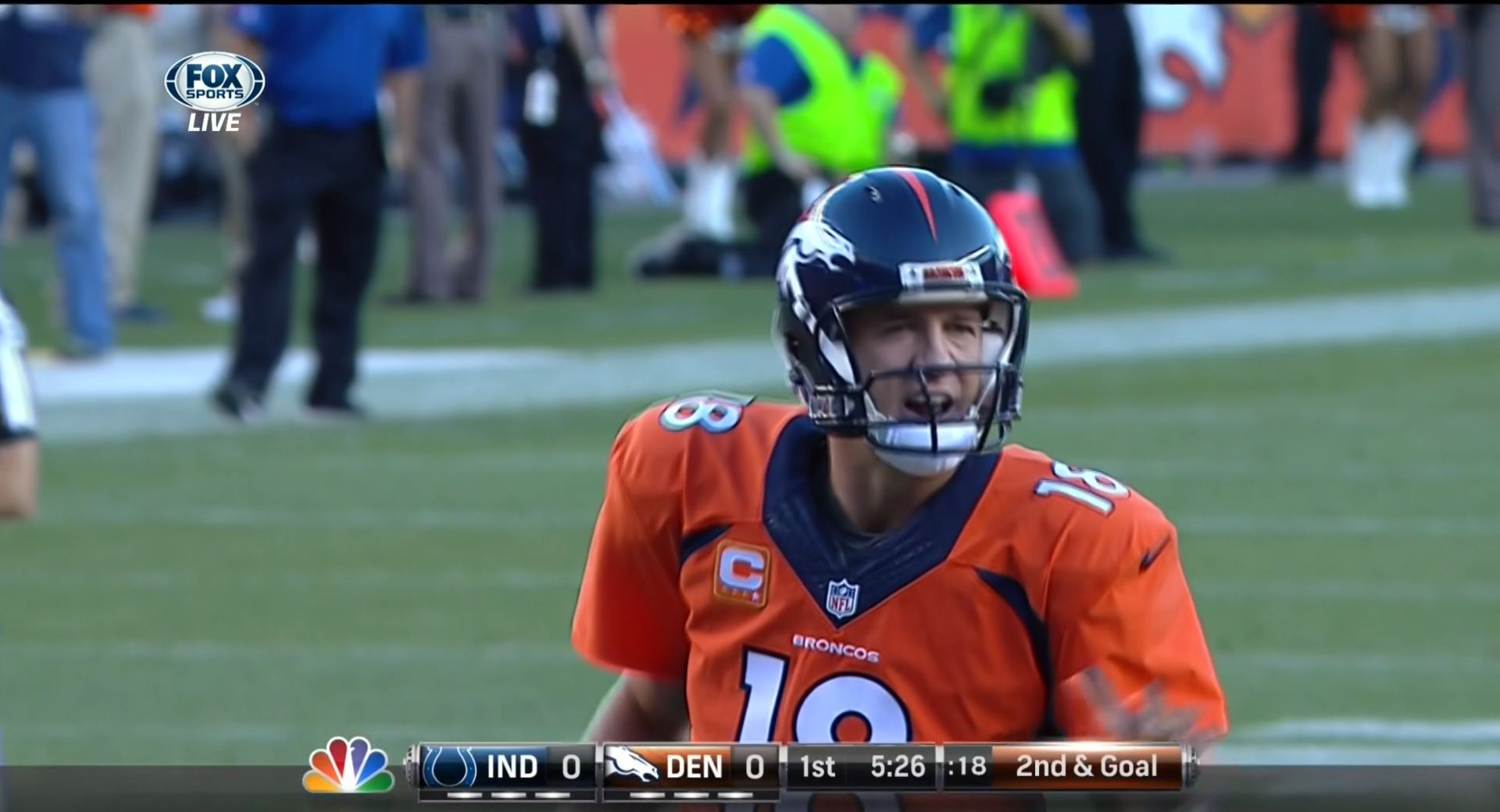شروع خوب Broncos به رهبری پیتون منینگ در مقابل ایندیانا کولتز. پایان کوارتر اول.